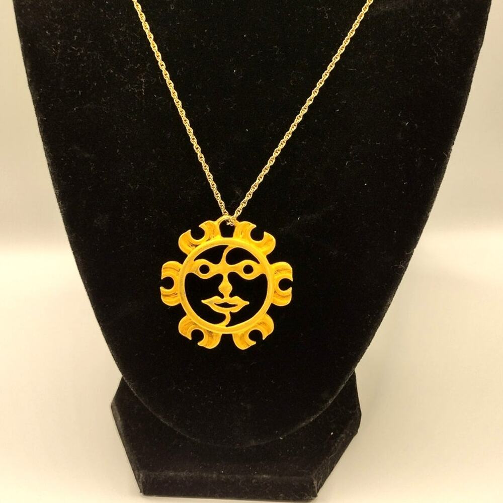 Vintage Sun Face Necklace Gold-Tone 18.5" Whimsical Statement 80s 90s Festival